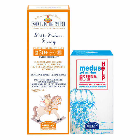 Sole bimbi latte solare spray spf50+ 100 ml + meduse help gel marino dopo puntura roll on 25 ml