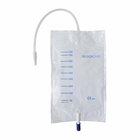 Sacca di drenaggio da gamba per incontinenza comfort rusch in pvc con tubo di raccordo diritto da 10cm rubinetto di scarico e valvola antireflusso 30buste 750ml