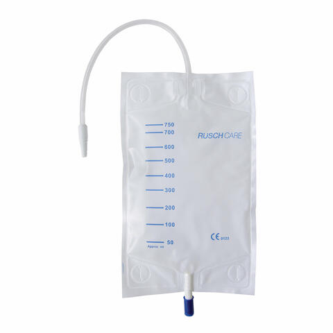 Sacca di drenaggio da gamba per incontinenza comfort rusch in pvc con tubo di raccordo diritto da 30cm rubinetto di scarico e valvola antireflusso 30buste 750ml