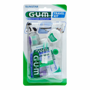 Gum - Travel kit viaggio 1 spazzolino pieghevole  travel + 1 dentifricio viaggio 12 ml + 1 rocchetto filo interdentale 10mt + 2 scovolini gomma  soft picks