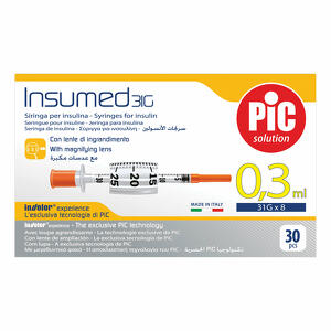 Pic - Siringa per insulina  insumed 0,3 ml 100 ui spazio zero ago 31 gauge 8 mm 3 sacchetti da 10 pezzi